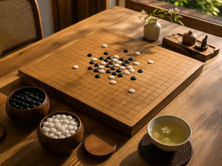 Hölzernes Gomoku-Brett 15×15, schwarze und weiße Steine neben einer Teetasse
