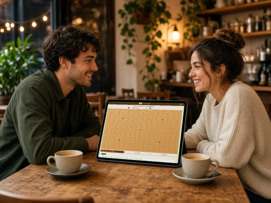 Two people sharing a tablet for an in-person Gomoku game at a café