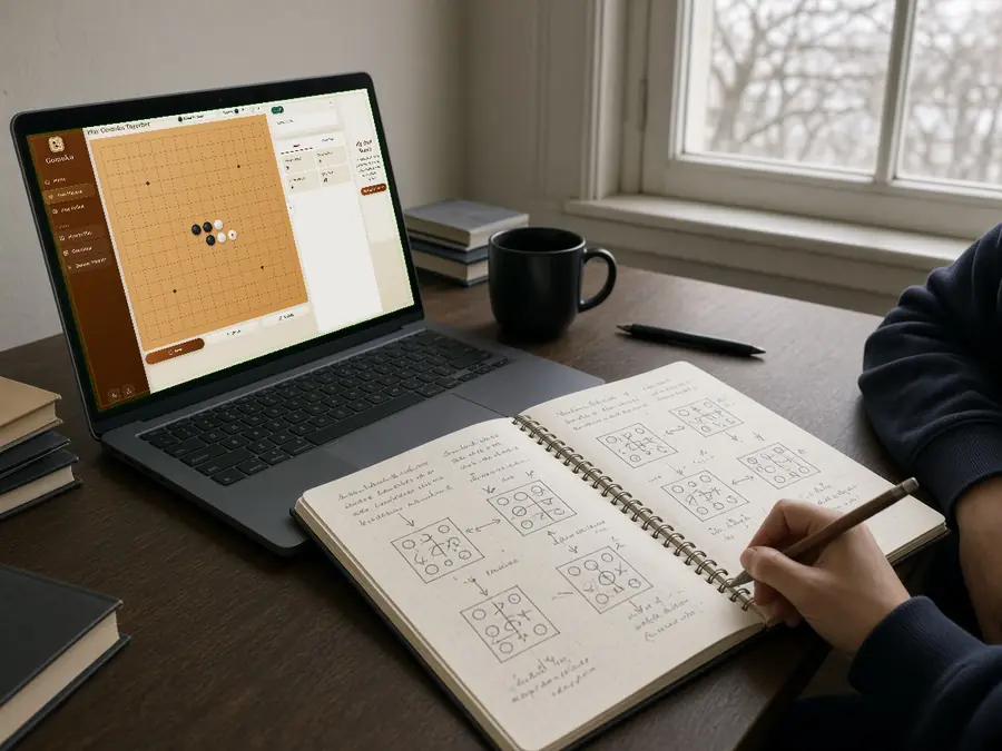 Gomoku opening notes and tactical diagrams beside a board