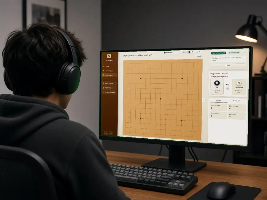 A live online Gomoku game displayed on a desktop monitor