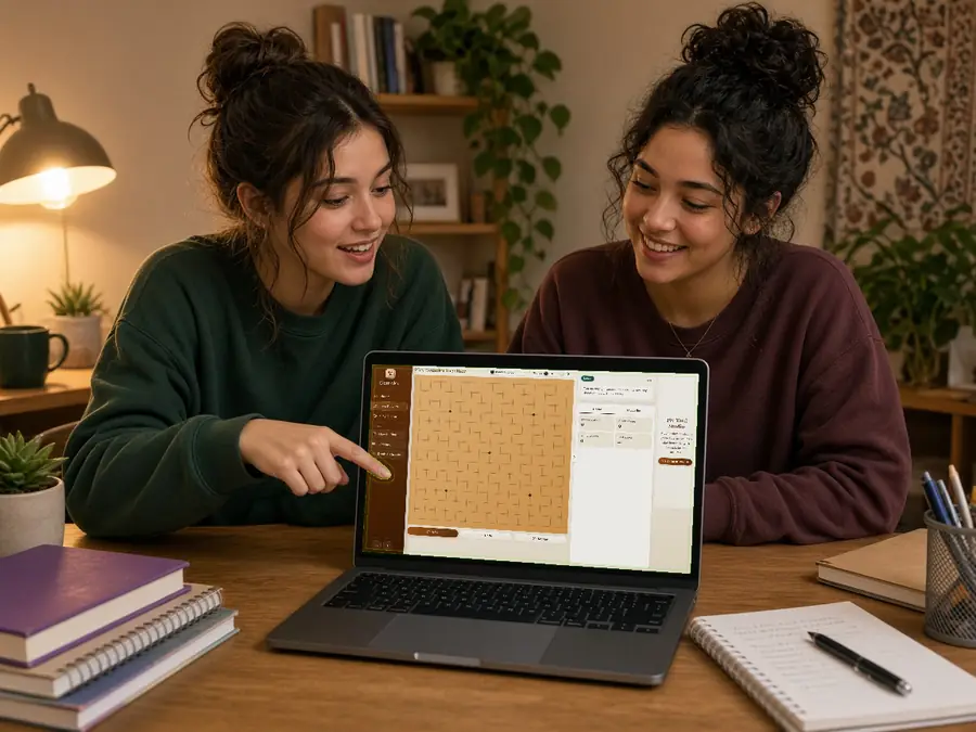 Two friends discussing Gomoku shapes and candidate moves at a computer